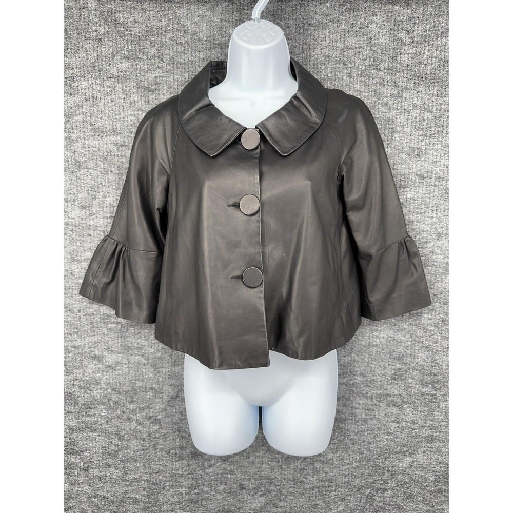 Theory Koster Jacket Womens Petite P Black Light Leather Cropped Ruffle Sleeve
